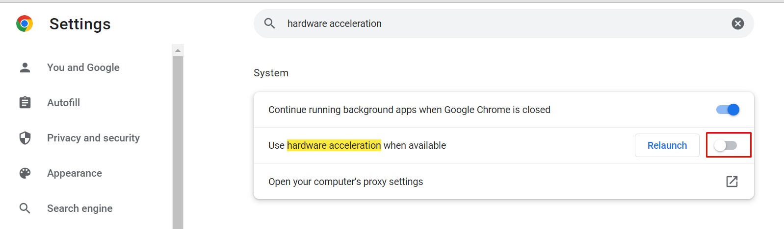 hardware acceleration settings chrome
