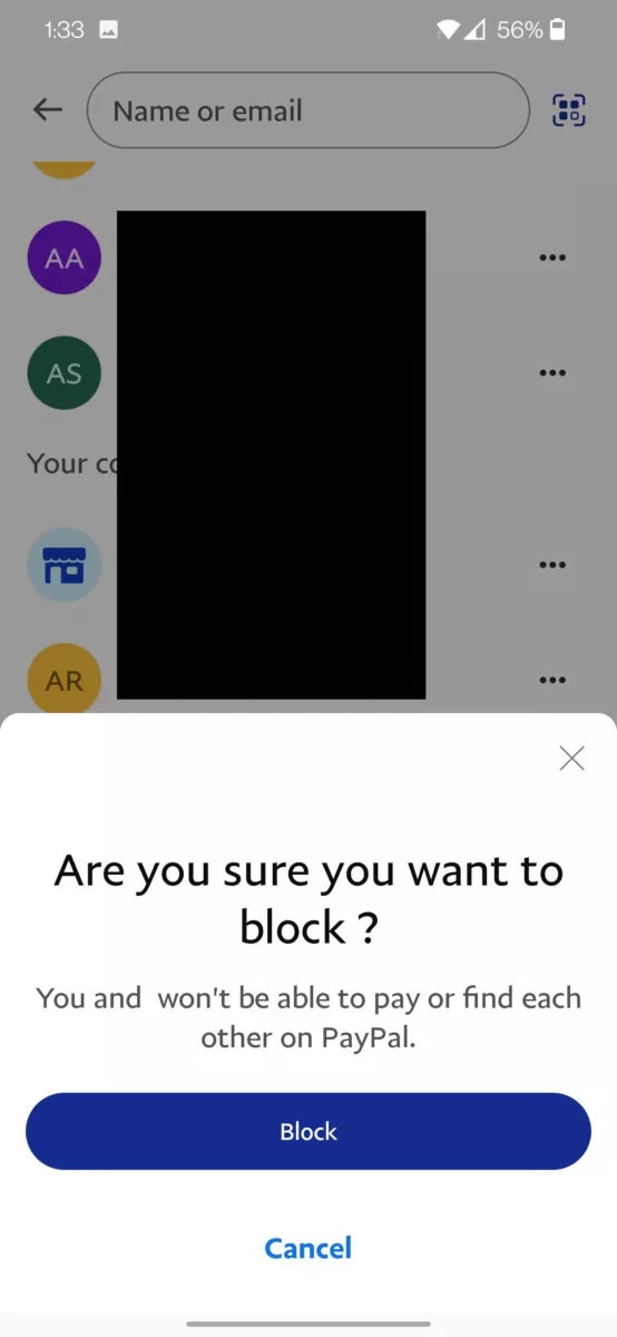 paypal block someone on mobile