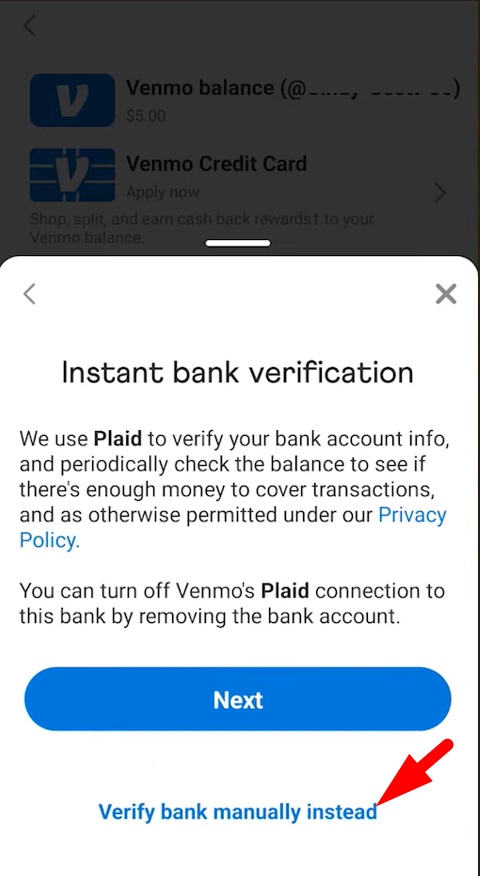 verify bank manually instead