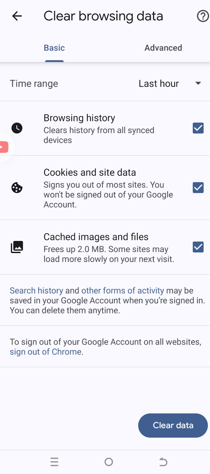 clear browsing data chrome android